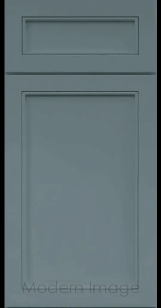 Alpine Slim Cabinet Door a narrow Stile & Rail Surrounding a flat center panel in a Sage Custom Paint